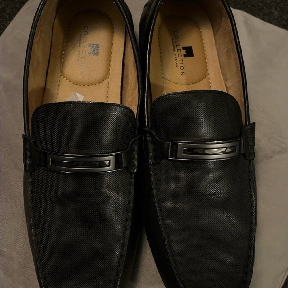 Black Leather Loafers with Textured Finish and Penny Strap by Michael strahan